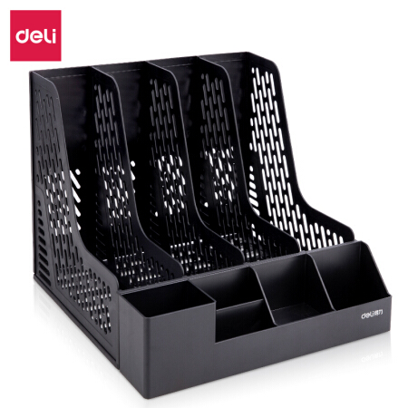 得力(deli)4联带笔筒收纳桌面文件框  黑色78981 