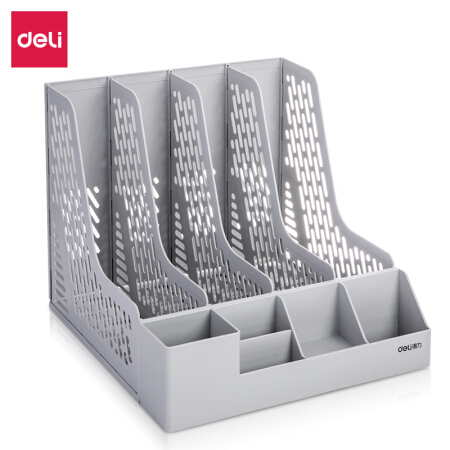 得力(deli)四联带笔筒收纳桌面文件框   灰色78981 